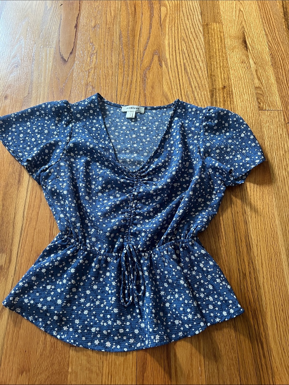 Monteau Blue Floral Drawstring Waist Short Sleeve Blouse